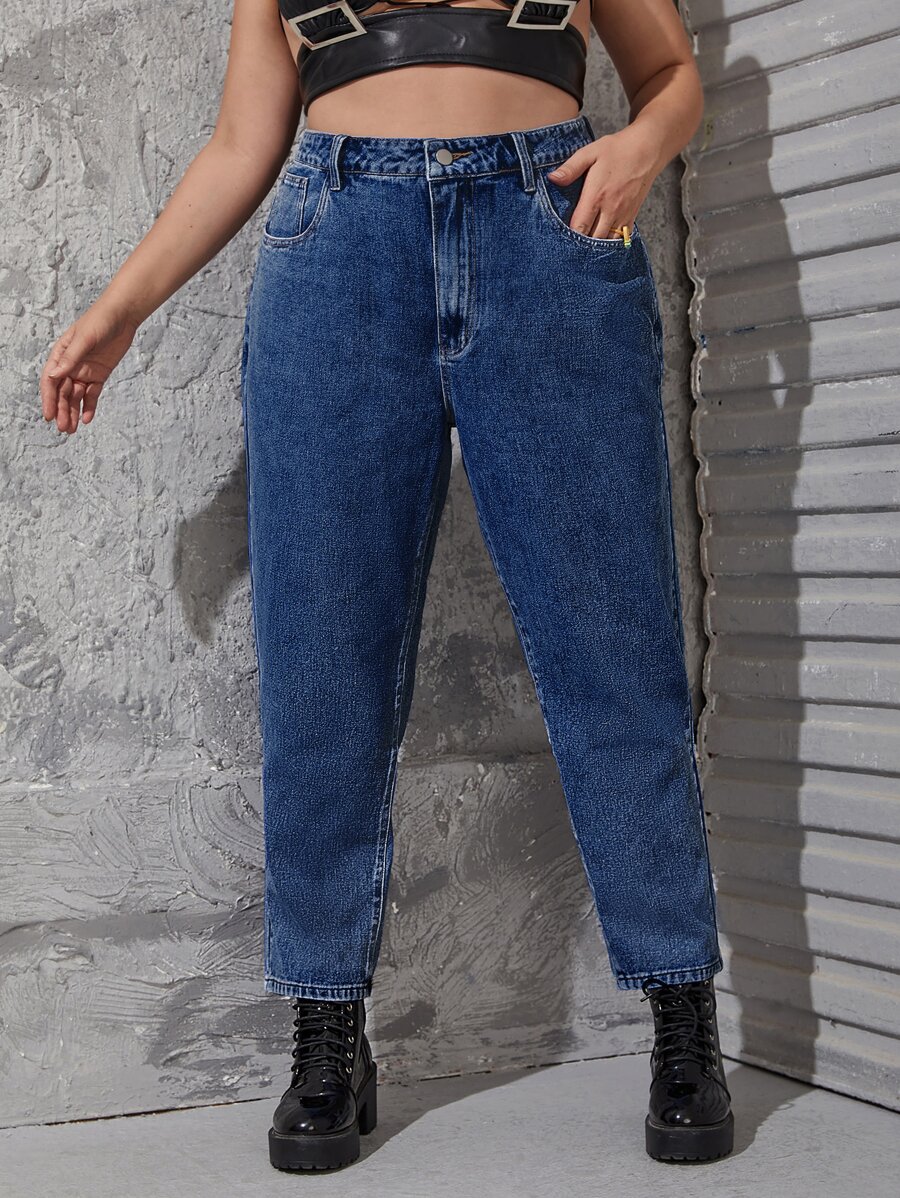 SHEIN ICON Quần Denim kích thước lớn Nút Túi Dây kéo màu trơn - Rửa trung bình - Xem 1