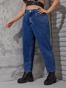 SHEIN ICON Quần Denim kích thước lớn Nút Túi Dây kéo màu trơn - Rửa trung bình - Xem 3