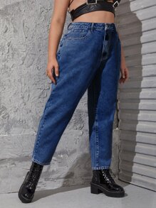 SHEIN ICON Quần Denim kích thước lớn Nút Túi Dây kéo màu trơn - Rửa trung bình - Xem 4