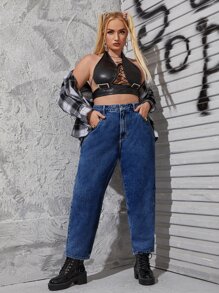 SHEIN ICON Quần Denim kích thước lớn Nút Túi Dây kéo màu trơn - Rửa trung bình - Xem 5