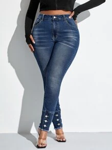 SHEIN SXY Jeans ajustados de talle alto con botón bajo - Azul lavado oscuro - Ver 1