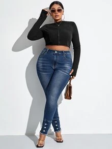 SHEIN SXY Jeans ajustados de talle alto con botón bajo - Azul lavado oscuro - Ver 3
