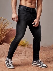 Manfinity Men Solid Skinny Stacked Jeans - Black - View 5