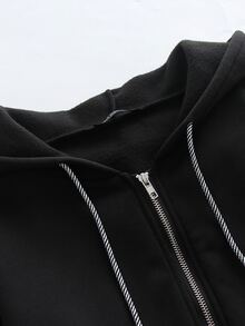 SHEIN LUNE Plus Kangaroo Pocket Drawstring Hooded Jacket - Black - View 5