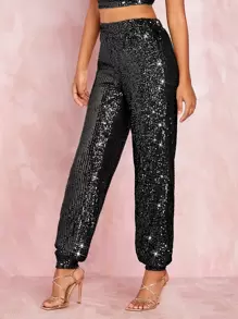 SHEIN BAE Christmas Sequin High Waisted Joggers - Black - View 3
