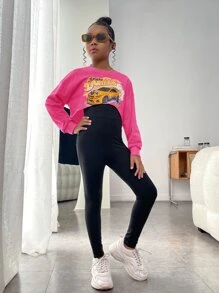 SHEIN Cô gái Tween Đồ họa ô tô và chữ cái Áo Crop Pullover & Cami Unitard Áo liền thân - Màu Hồng Tươi - Xem 6