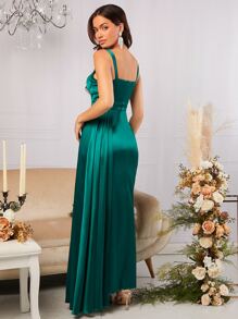 SHEIN Belle Split Thigh Draped Side Bustier Bridesmaid Dress - Dark Green - View 2