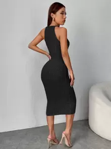 SHEIN PETITE Ribbed Knit Halter Neck Bodycon Dress - Black - View 2