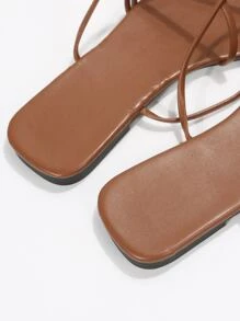 Romantic Lace-Up Flat Sandals For Women, New Summer Fashion Unique Small Brand Roman Style Beach Sandals Suitable For Date, Shopping, Party, Home, Casual, Holiday - Brown - View 3