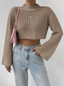 Calvaya Mock Neck Trumpet Sleeve Crop Jumper - Khaki - View 5