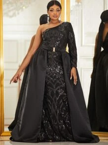 YISIKADO Đầm Plus Size Thắt lưng ghép mộng kim sa Trọn gói Đồ họa Tất cả trên in Buổi tiệc - màu đen - Xem 4