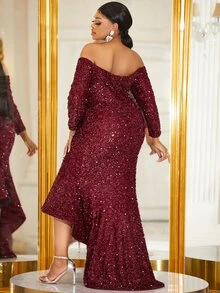 YISIKADO Plus Off Shoulder High Low Hem Sequin Formal Dress - Burgundy - View 2
