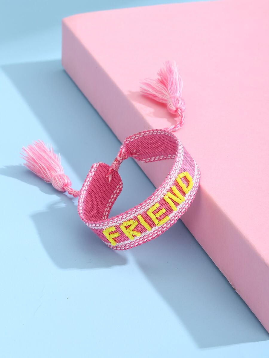Girls Letter Embroidered Tassel Decor Bracelet - Pink - View 1