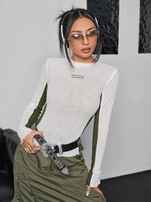 SHEIN ICON Bikercore Letter Patched Contrast Side Seam Lettuce Trim Top - White - View 3