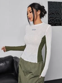 SHEIN ICON Bikercore Letter Patched Contrast Side Seam Lettuce Trim Top - White - View 4