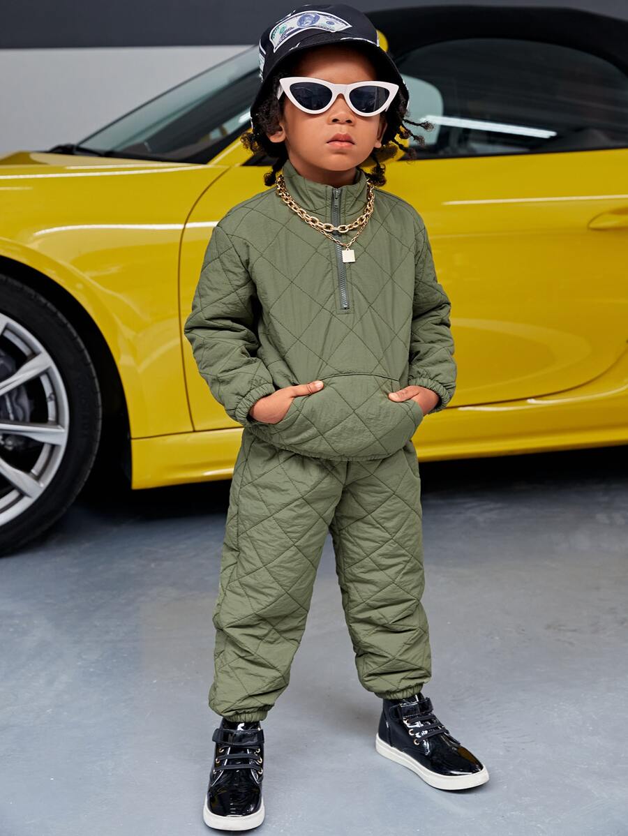 SHEIN Toddler Boys Half Zip Kangaroo Pocket Quilted Sweatshirt & Trousers - Army Green - View 1