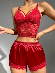 Floral Lace Bow Front Satin PJ Set / Pajama Set