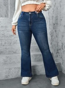 SHEIN ICON Plus Embroidery Detail Flare Leg Jeans - Dark Wash - View 2