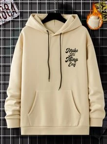 Manfinity 男士標語圖案落肩袖抽繩加絨內裏連帽衫 - 杏色 - 查看 2