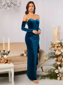 SHEIN Belle Off Shoulder Ruffle Trim Wrap Hem Velvet Bridesmaid Dress - Teal Blue - View 8