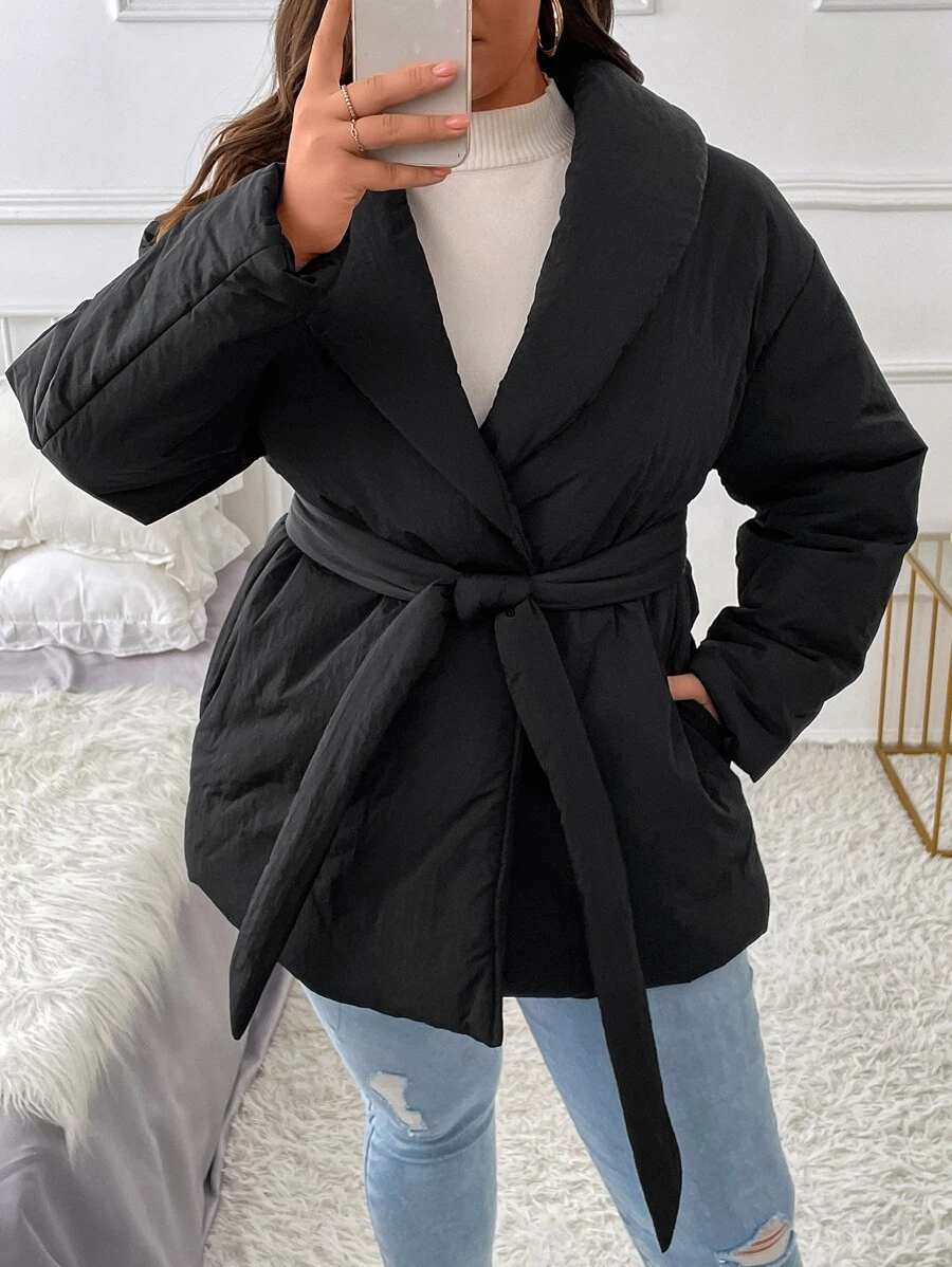 Plus Shawl Collar Drop Shoulder Belted Padded Padded Coat Clothes Winter - Black - View 1