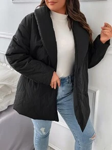 Plus Shawl Collar Drop Shoulder Belted Padded Padded Coat Clothes Winter - Black - View 4