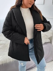 Plus Shawl Collar Drop Shoulder Belted Padded Padded Coat Clothes Winter - Black - View 5