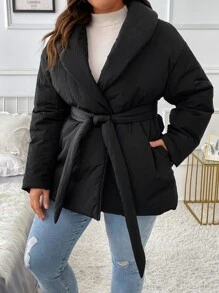 Plus Shawl Collar Drop Shoulder Belted Padded Padded Coat Clothes Winter - Black - View 6