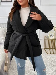 Plus Shawl Collar Drop Shoulder Belted Padded Padded Coat Clothes Winter - Black - View 7