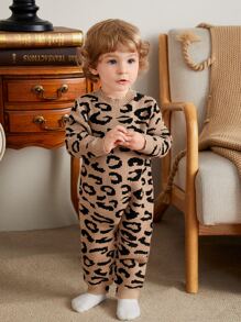 SHEIN Baby Girl Leopard Pattern Knit Jumpsuit - Multicolor - View 1