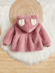 Baby Embroidery Heart 3D Ears Design Hooded Coat - Dusty Pink - View 2