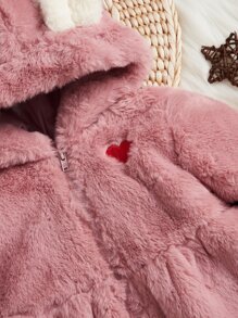 Baby Embroidery Heart 3D Ears Design Hooded Coat - Dusty Pink - View 3