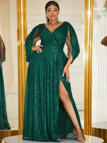 YISIKADO 大碼開衩袖圍裹下擺亮片正式連衣裙 - 墨綠色 - 查看 2