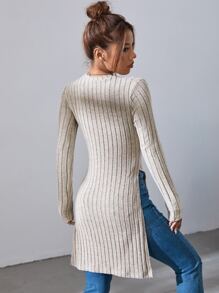 SHEIN Essnce 下擺開叉條紋針織T恤 - 杏色 - 查看 2