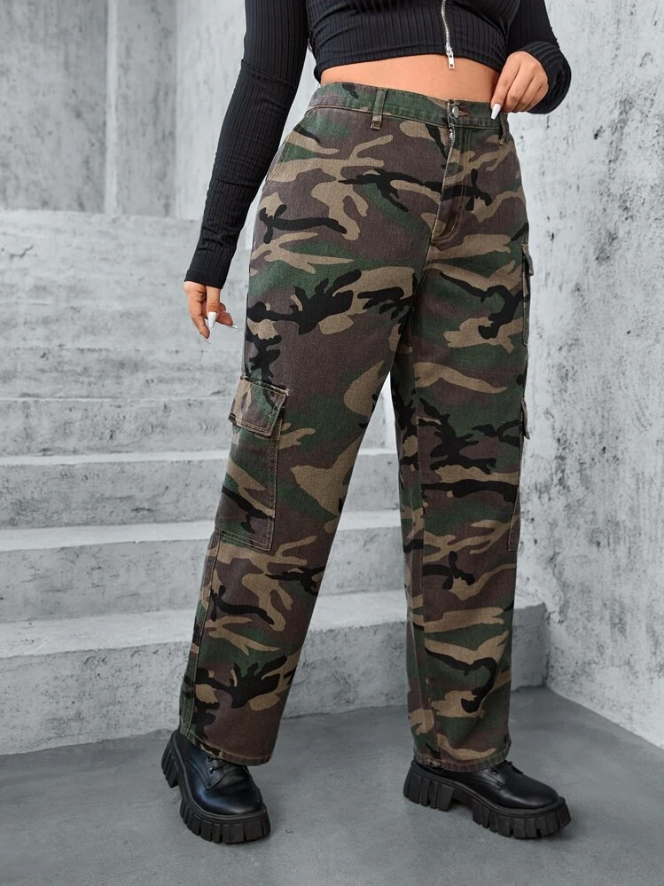 SHEIN ICON Plus Camo Print Flap Pocket Cargo Jeans - Multicolor - View 4