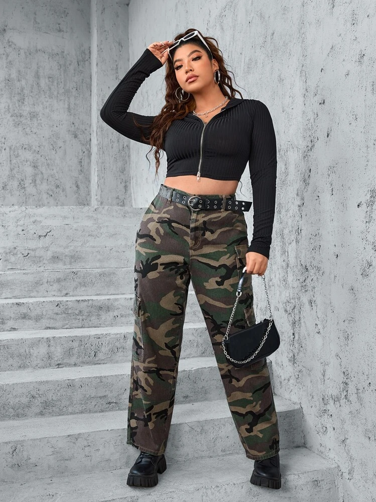 SHEIN ICON Plus Camo Print Flap Pocket Cargo Jeans - Multicolor - View 5