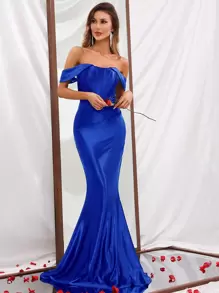Off Shoulder Mermaid Hem Formal Dress - Royal Blue - View 3