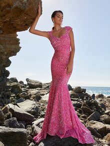 Women's Sweetheart Neckline Mermaid Silhouette Sequin Gown, Formal Dress - Pink - View 4