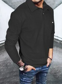 Manfinity Homme Áo thun có cổ Nam Nút màu trơn Giải trí - màu đen - Xem 3