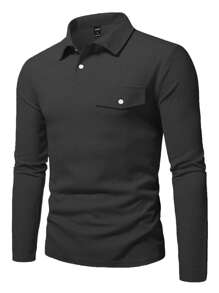 Manfinity Homme Áo thun có cổ Nam Nút màu trơn Giải trí - màu đen - Xem 4