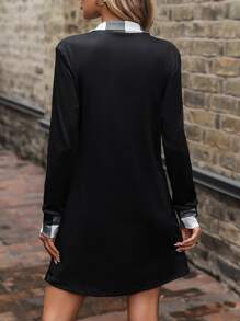 SHEIN LUNE Plaid Print Quarter Zip Tee Dress - Black - View 3