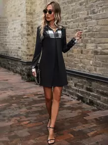 SHEIN LUNE Plaid Print Quarter Zip Tee Dress - Black - View 7