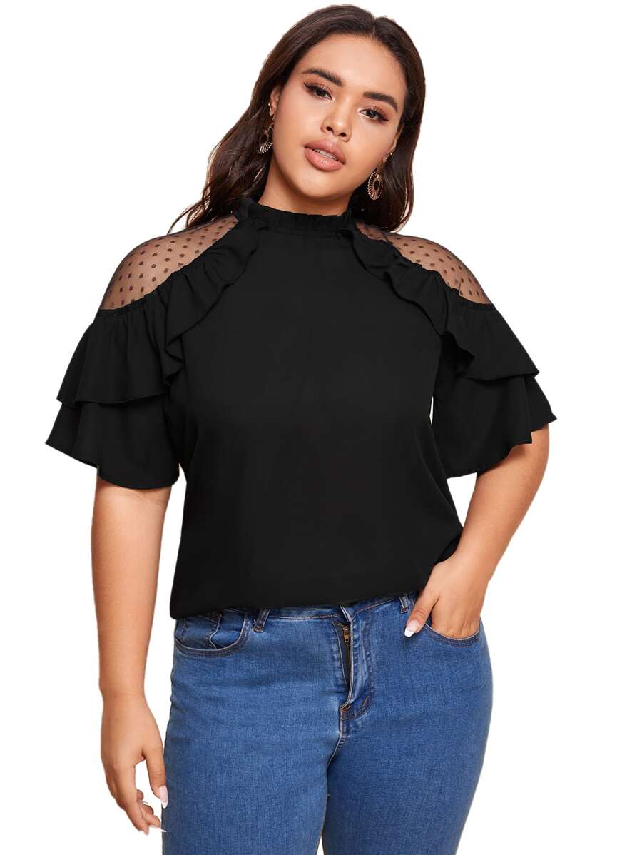 SHEIN Privé Plus Dobby Mesh Shoulder Ruffle Trim Top - Black - View 1