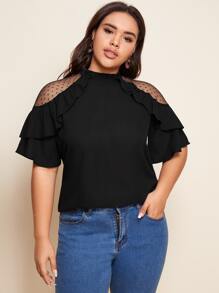 SHEIN Privé Plus Dobby Mesh Shoulder Ruffle Trim Top - Black - View 2
