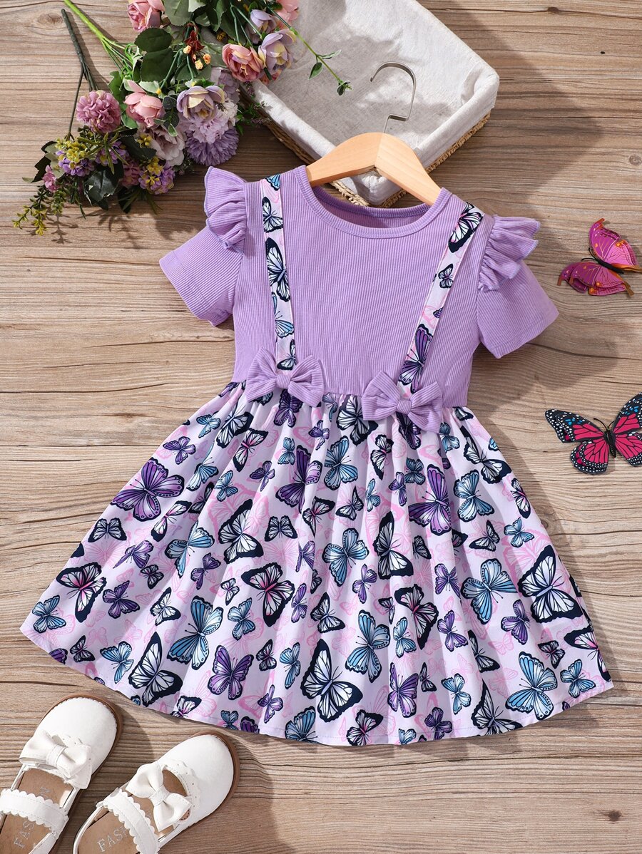 Niñas Vestido 2 en 1 con estampado de mariposa ribete con fruncido - Morado - Ver 1