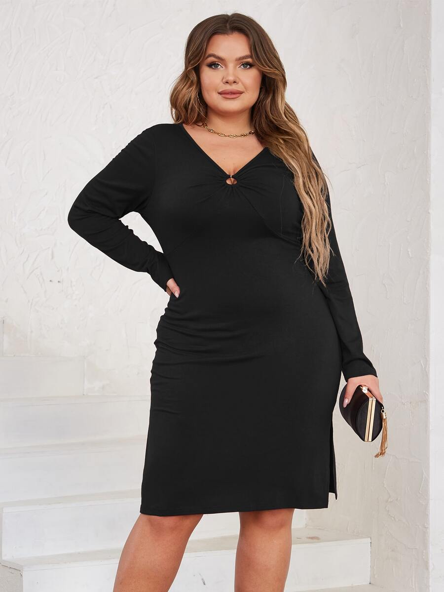 Đầm Plus Size Nhẫn Xù Chia Khối Màu màu trơn Thanh lịch - màu đen - Xem 1