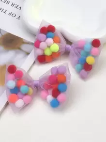 2个装女孩薄纱蝴蝶结毛绒球发夹，色彩缤纷的青少年发饰 - 彩色 - 查看 1