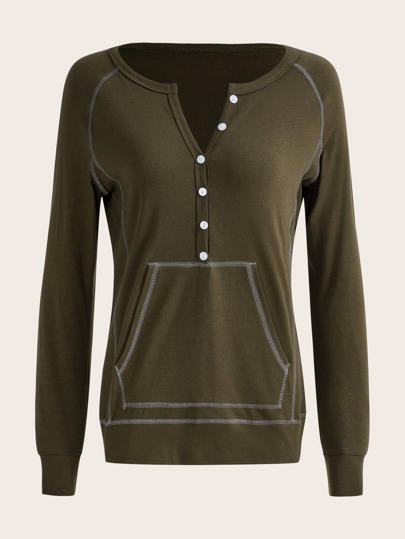 Fairycore Lässiges Raglan-Ärmel T-Shirt mit Schlüssellochausschnitt und Tasche, für Herbst/Winter