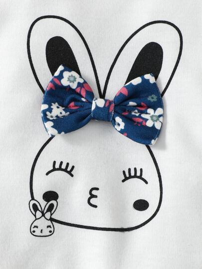 SHEIN Vintaside Kids 嬰兒女孩兔子印花蝴蝶結前扣套頭衛衣和花卉印花褲子和發帶