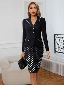 波點圖案前紐扣緊身連衣裙 - 黑色 - 查看 1